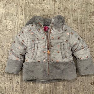 Betsey Johnson Gray Puffer Jacket with Rose Gold Hearts